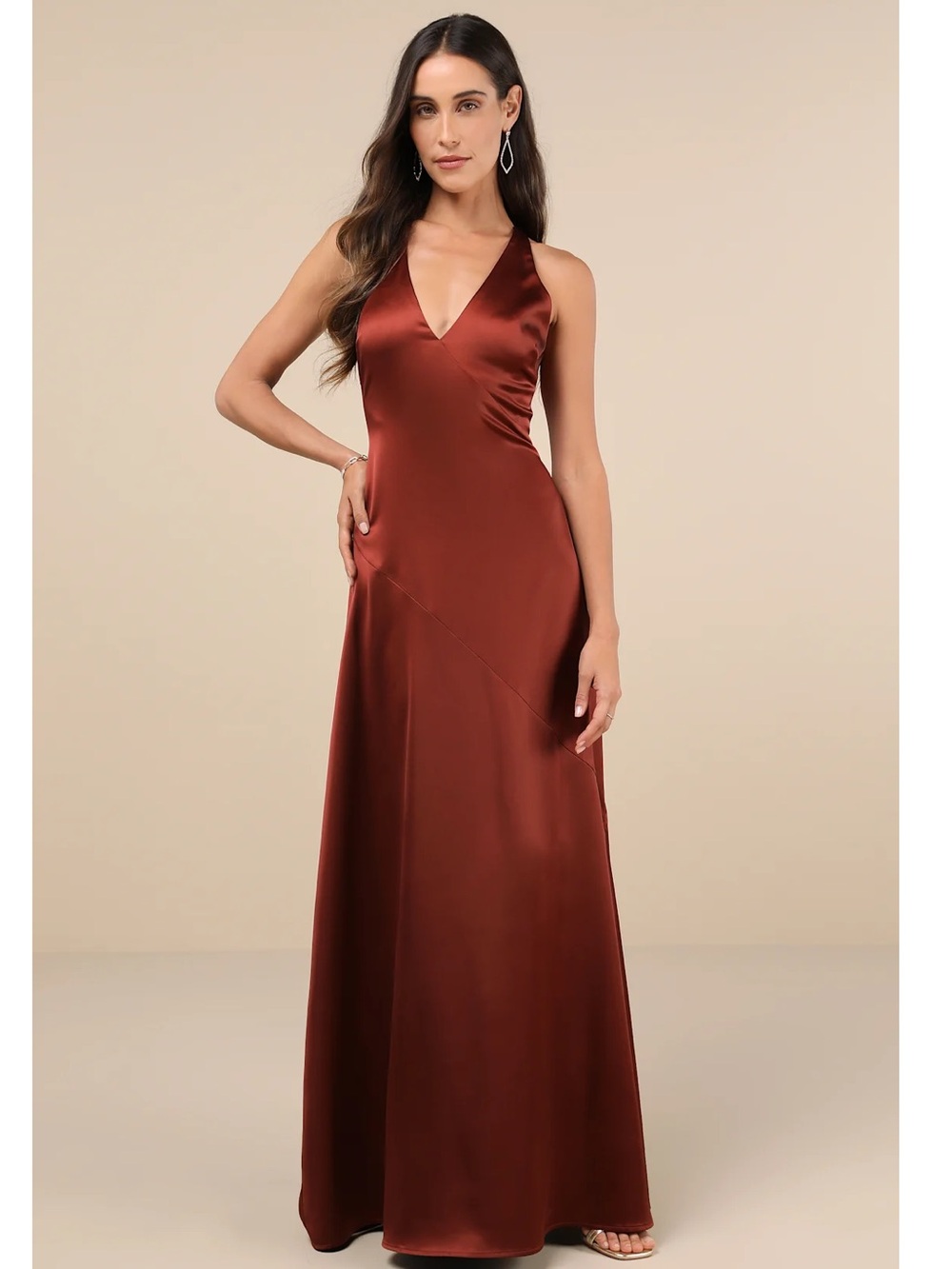 Lulus Purely Elegant Rust Brown Satin Twist-Back V-Neck Maxi Dress S NWT Event